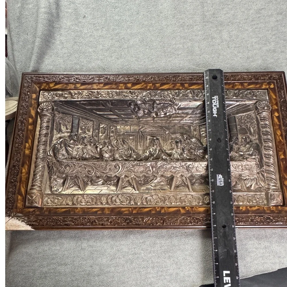 Vintage Last Supper 3D Relief Wall Art Silver Tone Framed Religious Plaque 20x12